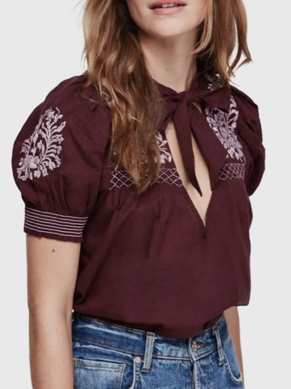Free People Dreaming About You Embroidered V-Neck Peasant Top in Deep Purple S